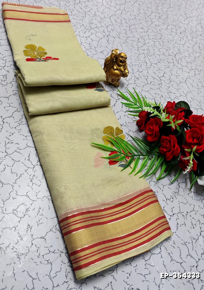 DIGITAL EMBROIDERY PRINTING COTTON SAREES - CREAM (11)