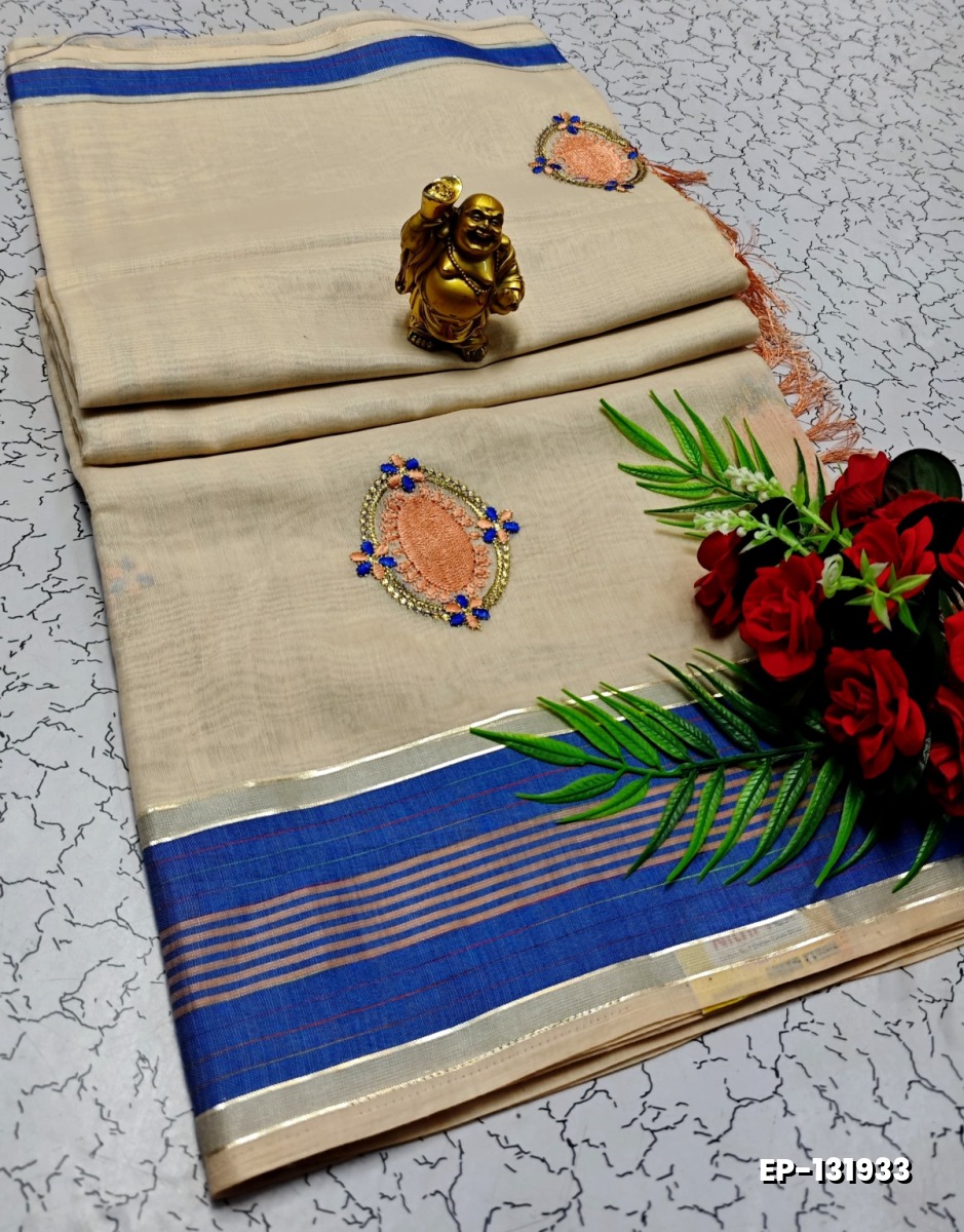 DIGITAL EMBROIDERY PRINTING COTTON SAREES - CREAM (8)