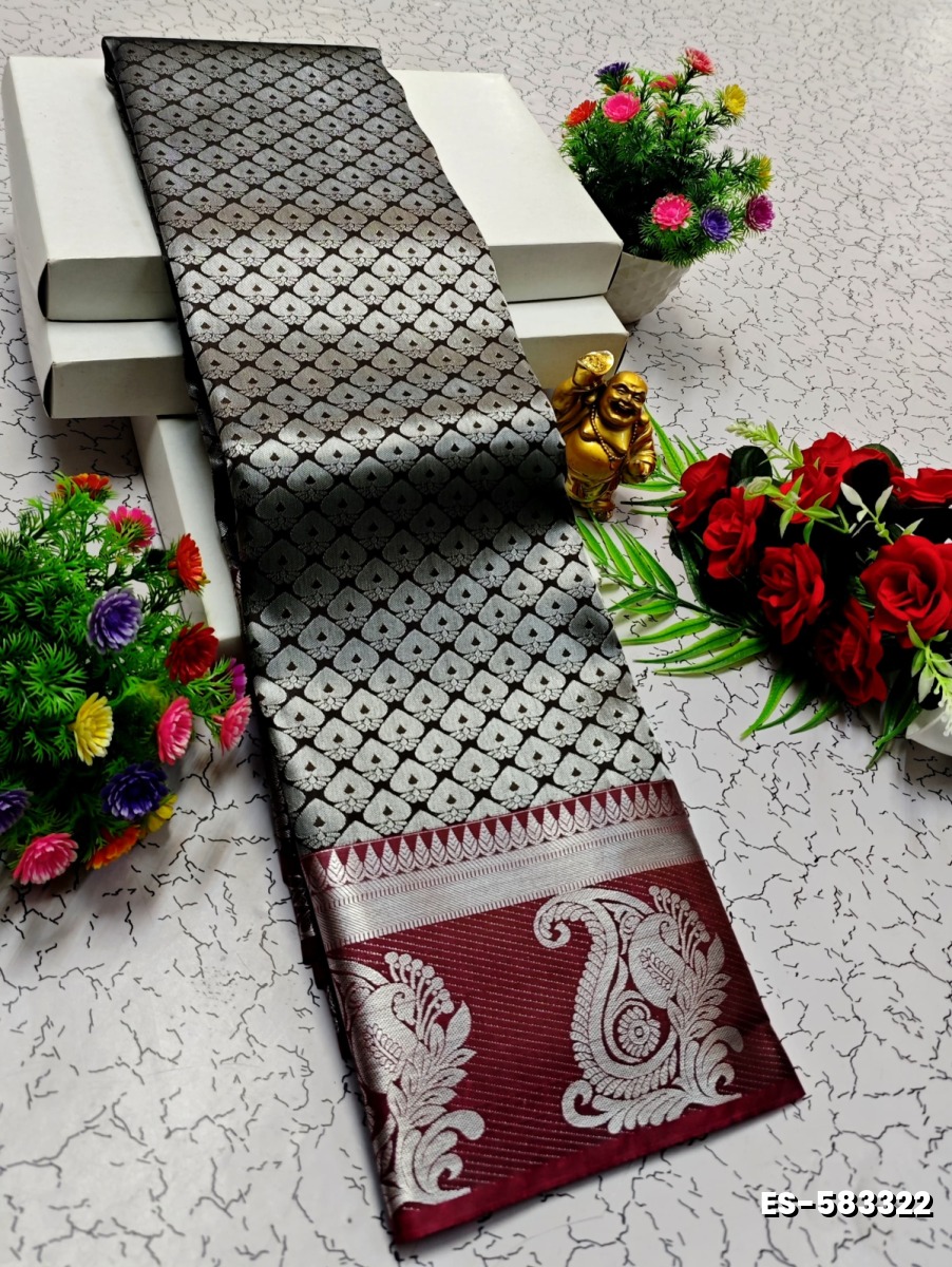 BRIDAL SILK GOLD SILVAR AND COPPER ZARI WEAVE AND WEDDING ART SILK SAREES - COFEE BROWN