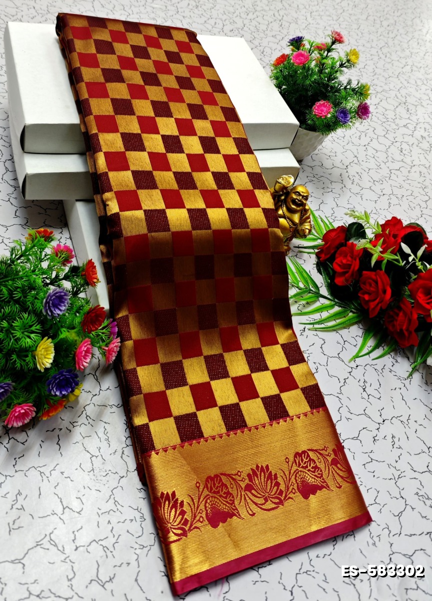 BRIDAL SILK GOLD SILVAR AND COPPER ZARI WEAVE AND WEDDING ART SILK SAREES - MERUN