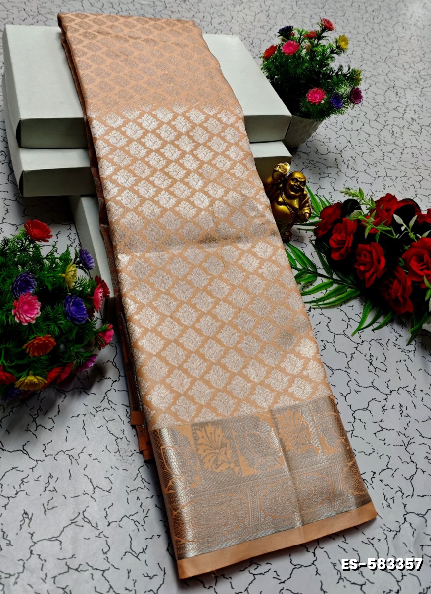 BRIDAL SILK GOLD SILVAR AND COPPER ZARI WEAVE AND WEDDING ART SILK SAREES - LIGHT ORANGE