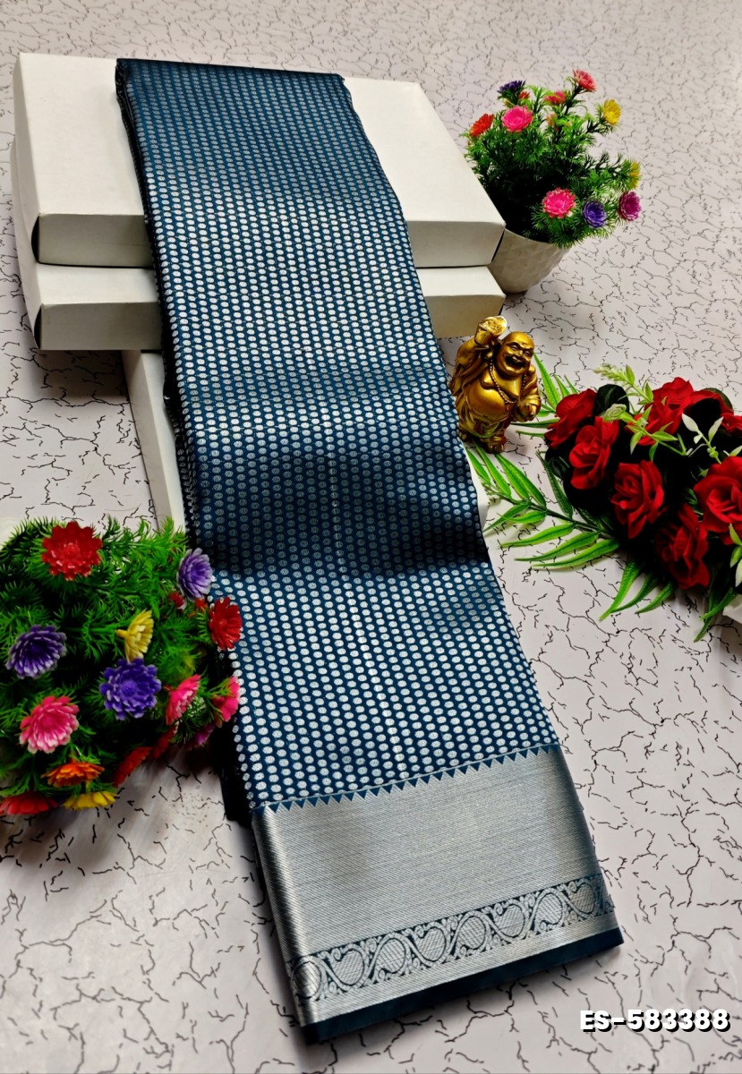 BRIDAL SILK GOLD SILVAR AND COPPER ZARI WEAVE AND WEDDING ART SILK SAREES - PEACKOK BLUE