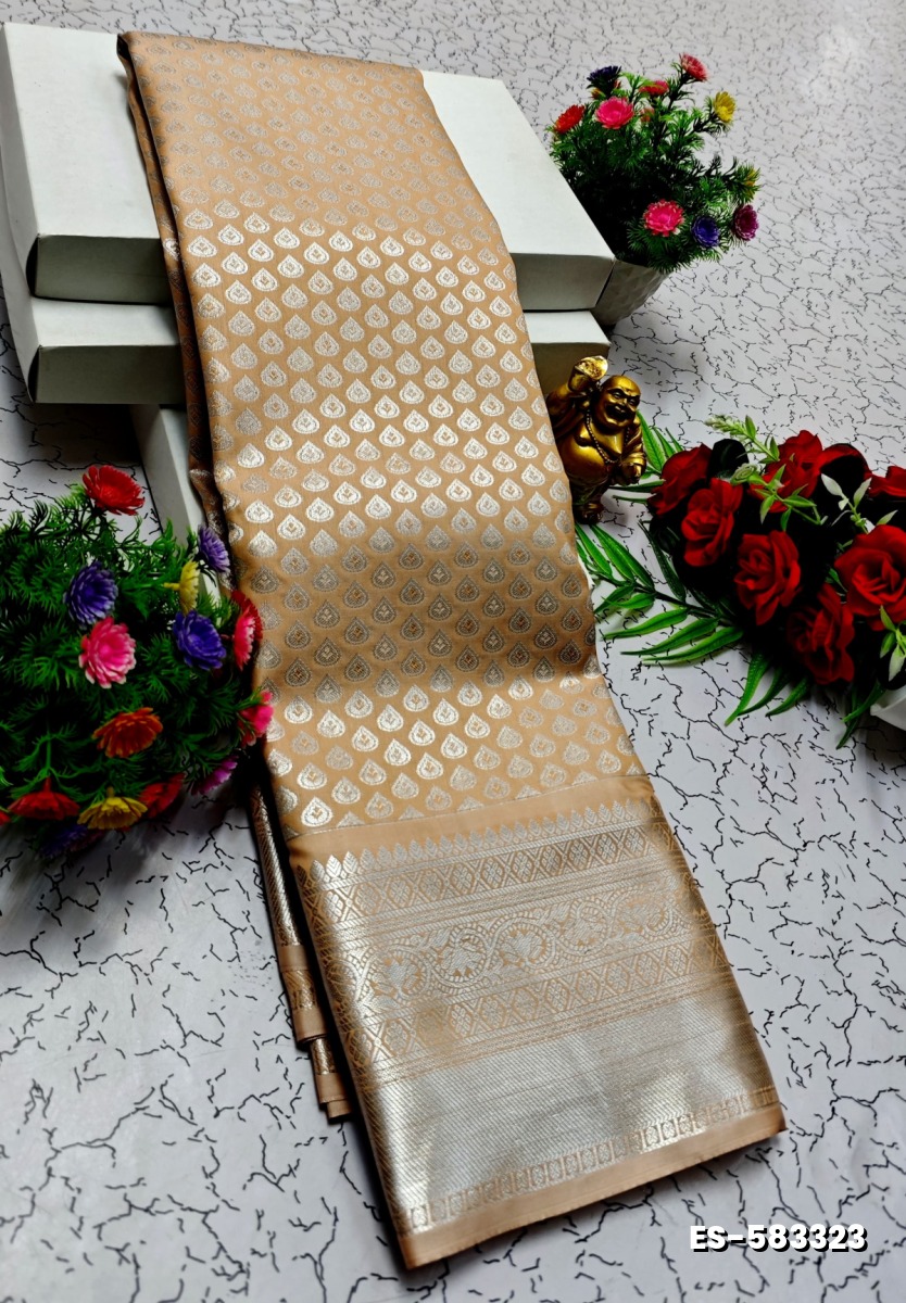 BRIDAL SILK GOLD SILVAR AND COPPER ZARI WEAVE AND WEDDING ART SILK SAREES - LIGHT SANDLE