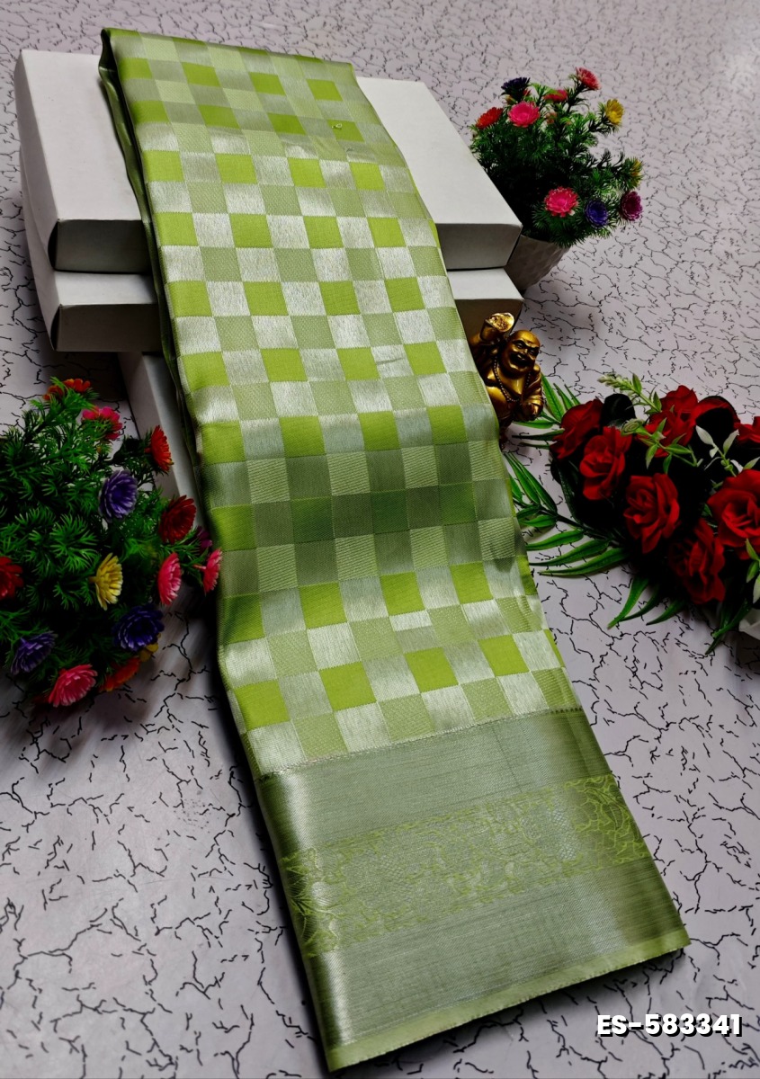 BRIDAL SILK GOLD SILVAR AND COPPER ZARI WEAVE AND WEDDING ART SILK SAREES - LIGHT GREEN