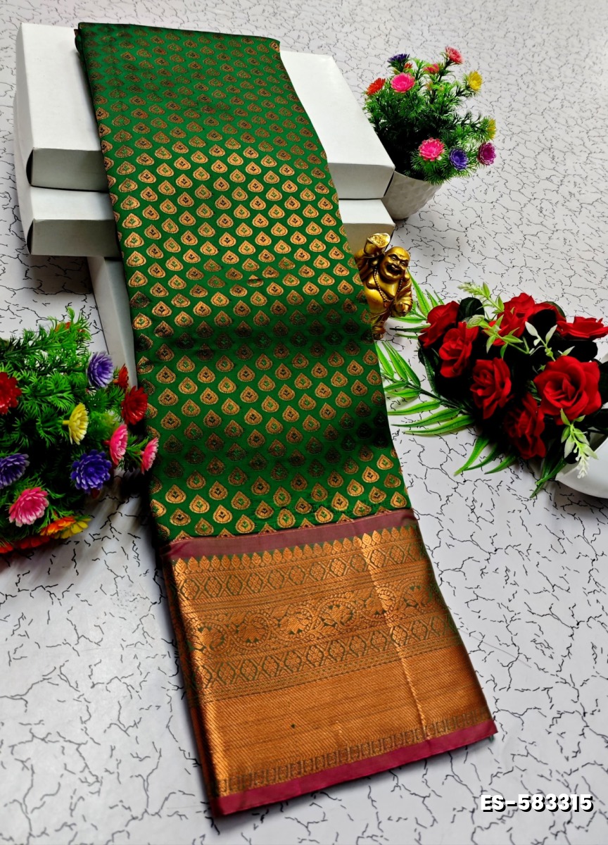 BRIDAL SILK GOLD SILVAR AND COPPER ZARI WEAVE AND WEDDING ART SILK SAREES - GREEN