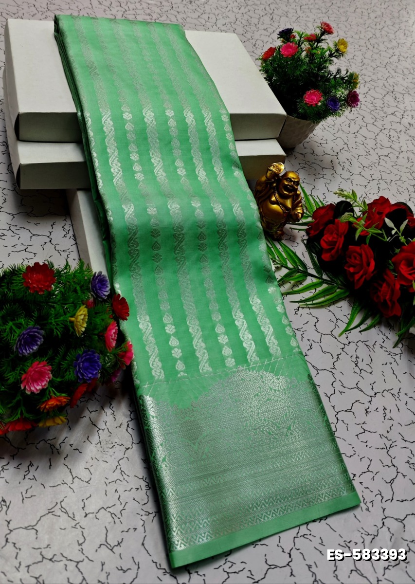 BRIDAL SILK GOLD SILVAR AND COPPER ZARI WEAVE AND WEDDING ART SILK SAREES - TURQUOISE GREEN