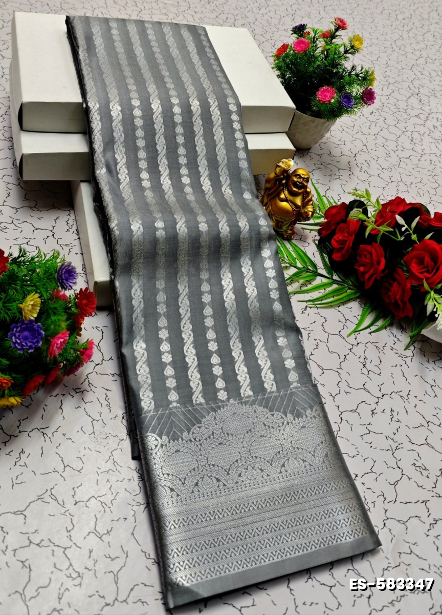BRIDAL SILK GOLD SILVAR AND COPPER ZARI WEAVE AND WEDDING ART SILK SAREES - GRAY