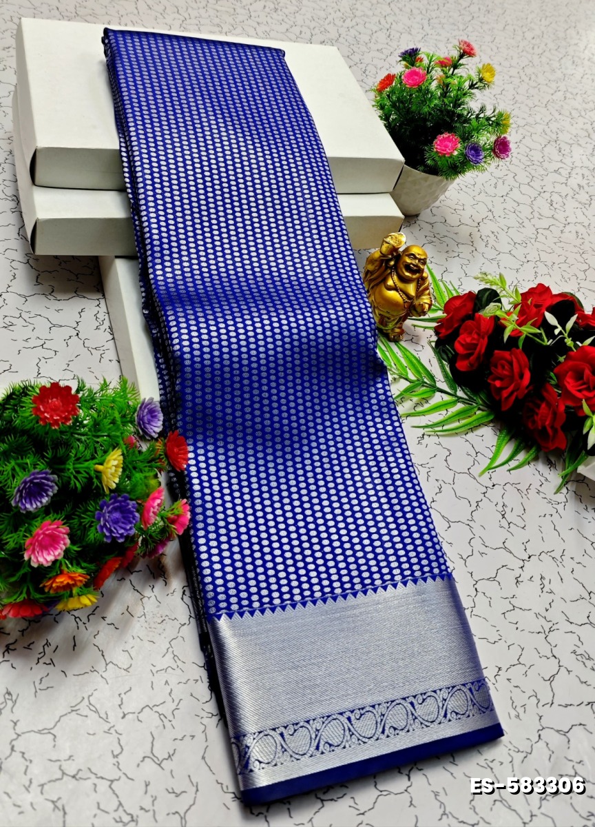 BRIDAL SILK GOLD SILVAR AND COPPER ZARI WEAVE AND WEDDING ART SILK SAREES - ROYAL BLUE