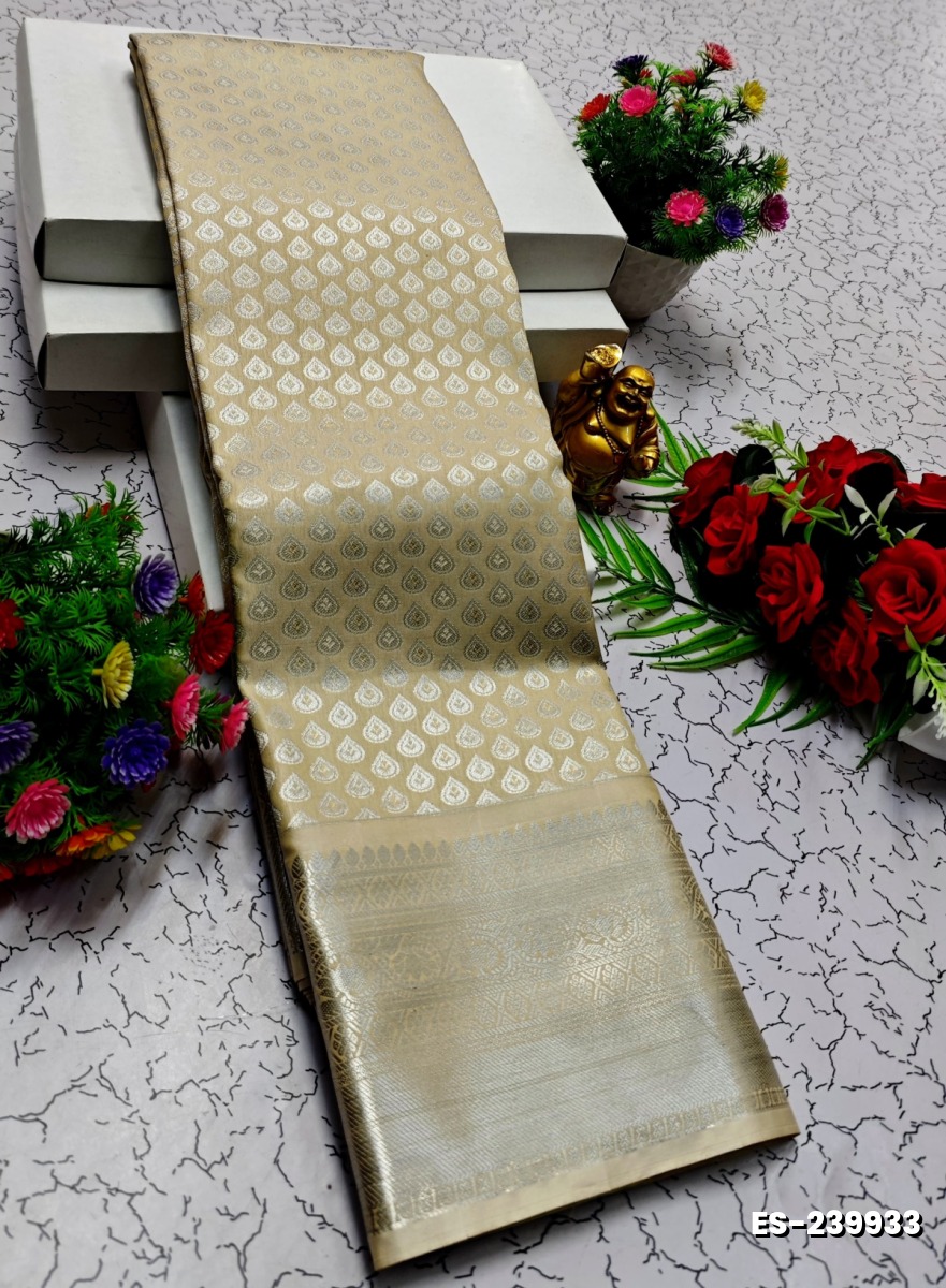 BRIDAL SILK GOLD SILVAR AND COPPER ZARI WEAVE AND WEDDING ART SILK SAREES - CREAM
