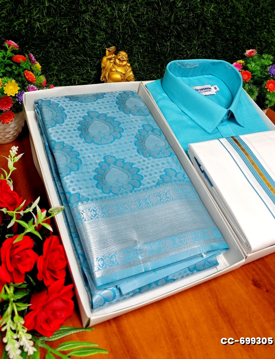 COUPLE COMBO MATCHING AND MATCHING TRADITIONAL SET MATCHING COMBO FOR FESTIVAL SEASONS - SKY BLUE