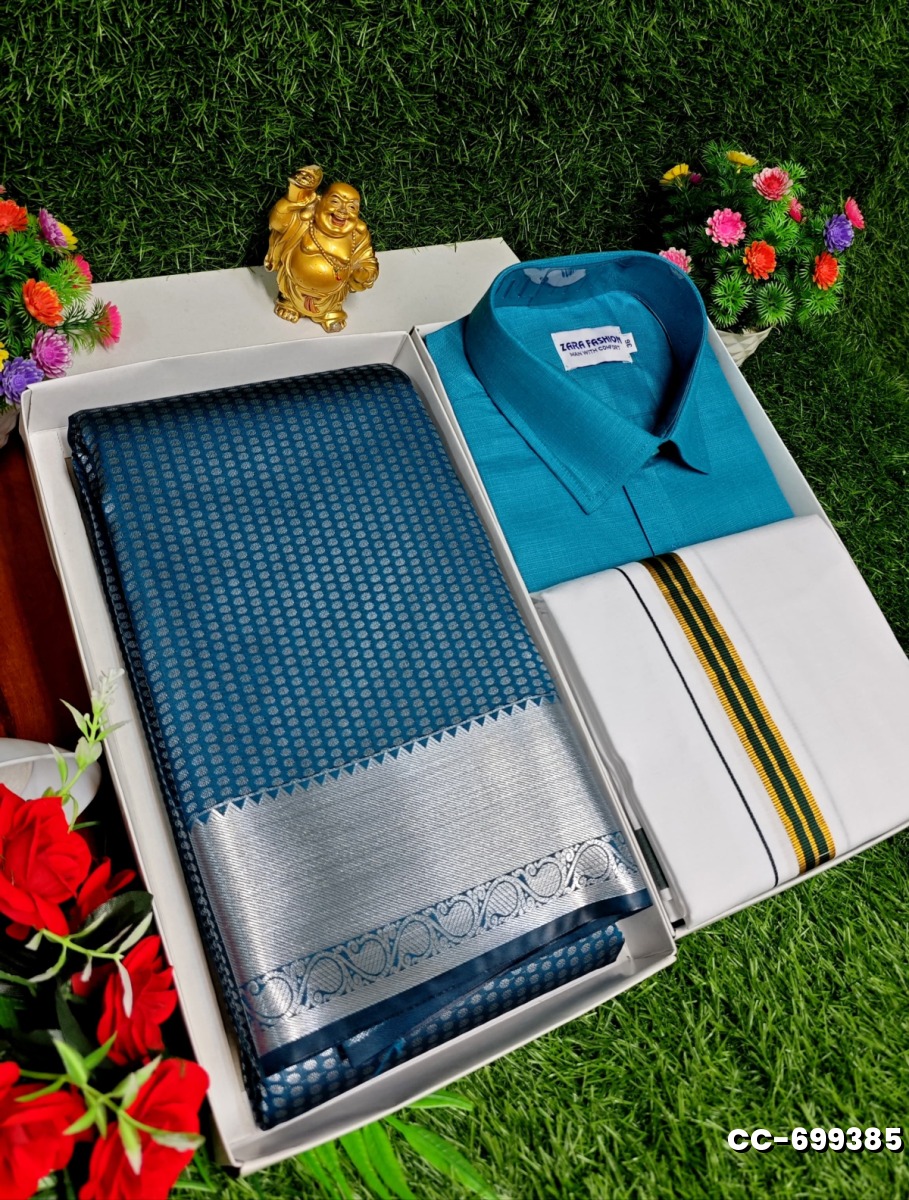 COUPLE COMBO MATCHING AND MATCHING TRADITIONAL SET MATCHING COMBO FOR FESTIVAL SEASONS - BLUE SHADE