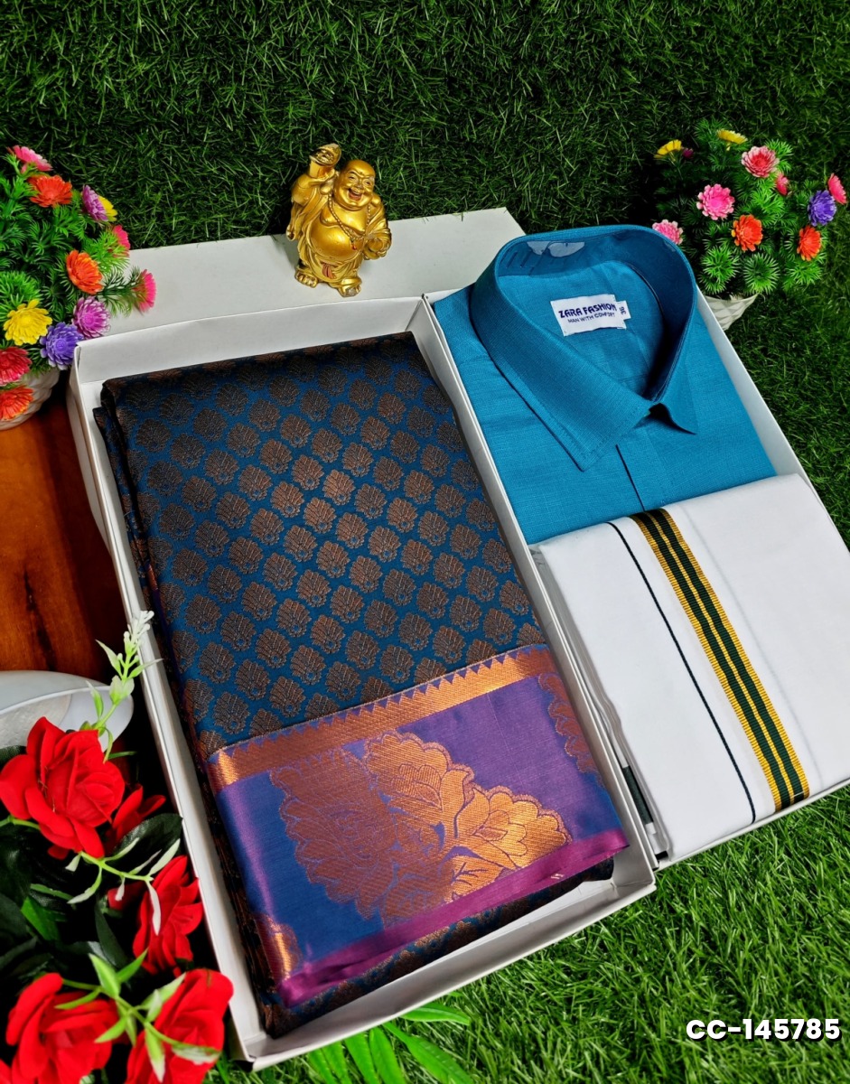 COUPLE COMBO MATCHING AND MATCHING TRADITIONAL SET MATCHING COMBO FOR FESTIVAL SEASONS - BLUE SHADE (2)