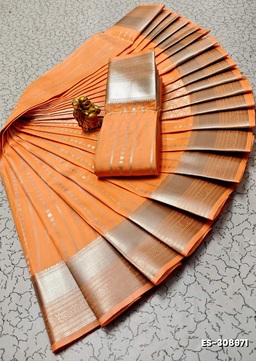 BRIDAL SILK GOLD SILVAR AND COPPER ZARI WEAVE AND WEDDING ART SILK SAREES - PEACH COLOUR