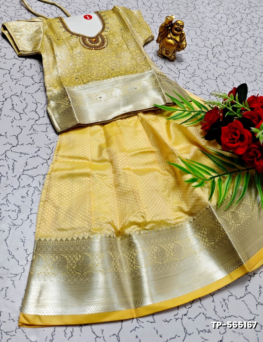 FESTIVAL AND FUNCTION WEAR TRADITIONAL KIDS PATTU PAVADAI STONE WORK DESIGN - GOLD COLOUR (2)