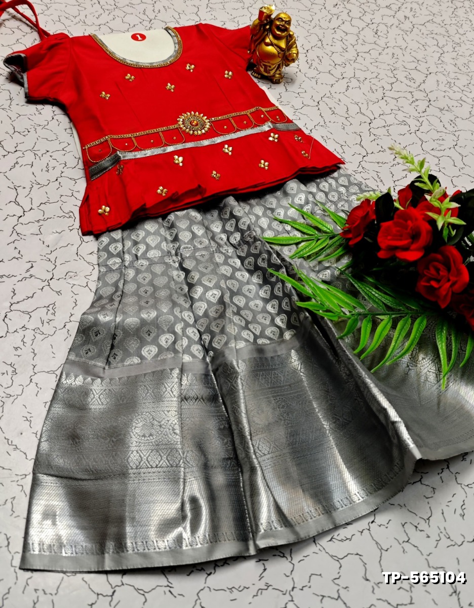 FESTIVAL AND FUNCTION WEAR TRADITIONAL KIDS PATTU PAVADAI STONE WORK DESIGN  - RED