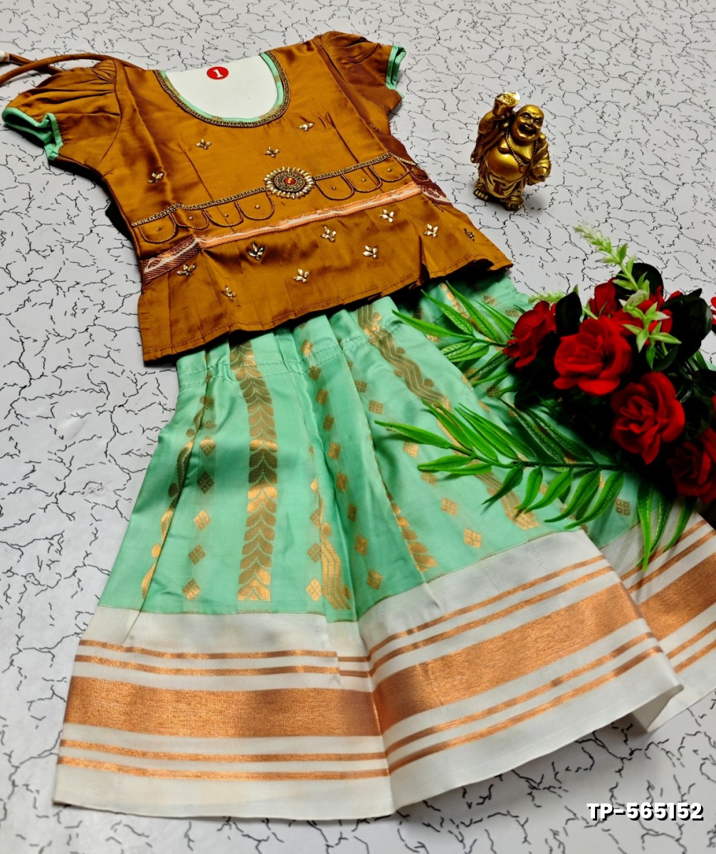 FESTIVAL AND FUNCTION WEAR TRADITIONAL KIDS PATTU PAVADAI STONE WORK DESIGN  - VENTHAYA COLOUR (3)