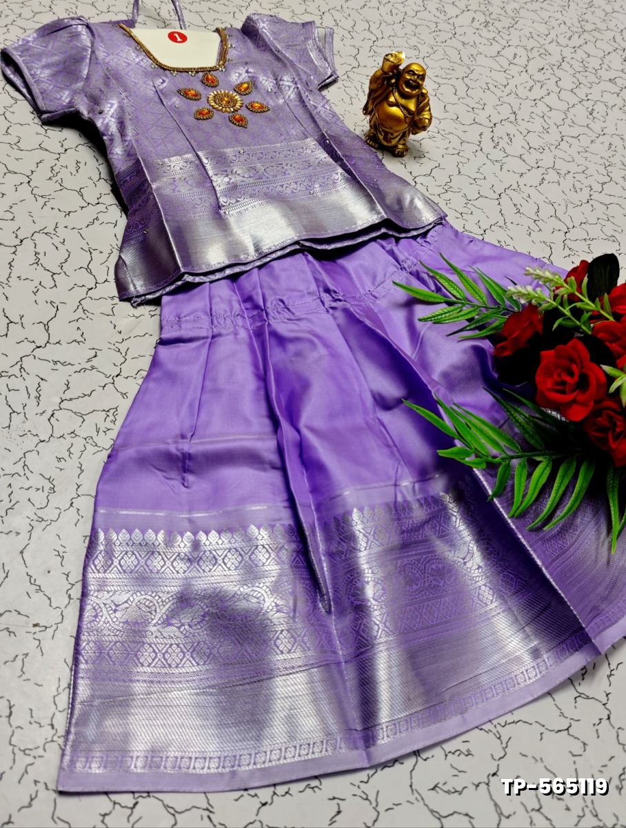 FESTIVAL AND FUNCTION WEAR TRADITIONAL KIDS PATTU PAVADAI STONE WORK DESIGN  - LEVENDOR