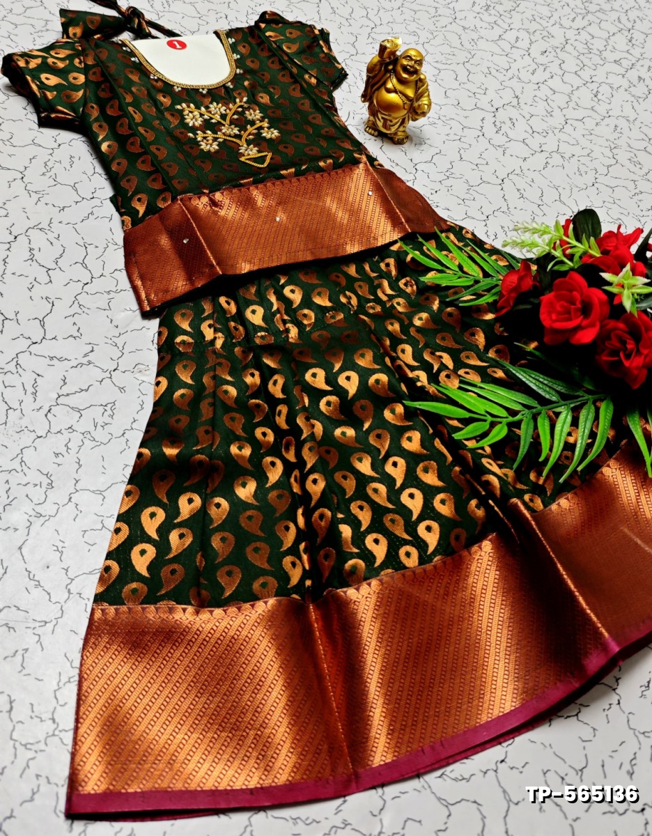 FESTIVAL AND FUNCTION WEAR TRADITIONAL KIDS PATTU PAVADAI STONE WORK DESIGN - BOTTLE GREEN (1)