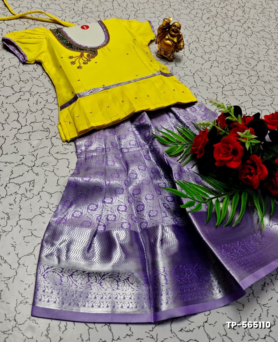 FESTIVAL AND FUNCTION WEAR TRADITIONAL KIDS PATTU PAVADAI STONE WORK DESIGN  - YELLOW (2)