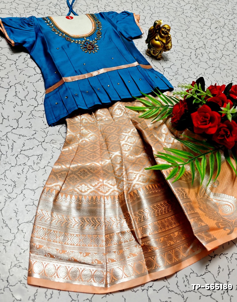 FESTIVAL AND FUNCTION WEAR TRADITIONAL KIDS PATTU PAVADAI STONE WORK DESIGN  - BLUE COLOUR (1)