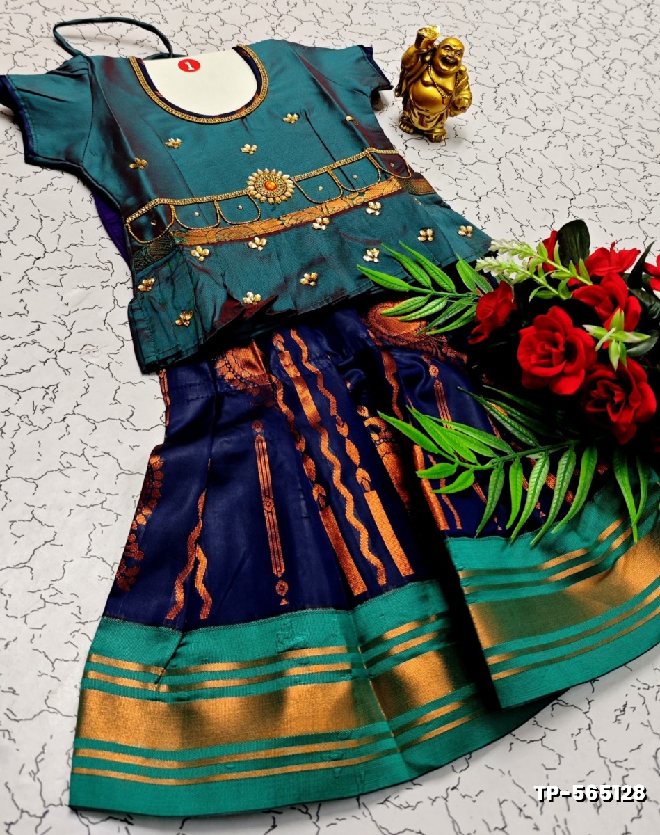 FESTIVAL AND FUNCTION WEAR TRADITIONAL KIDS PATTU PAVADAI STONE WORK DESIGN - BULE (2)