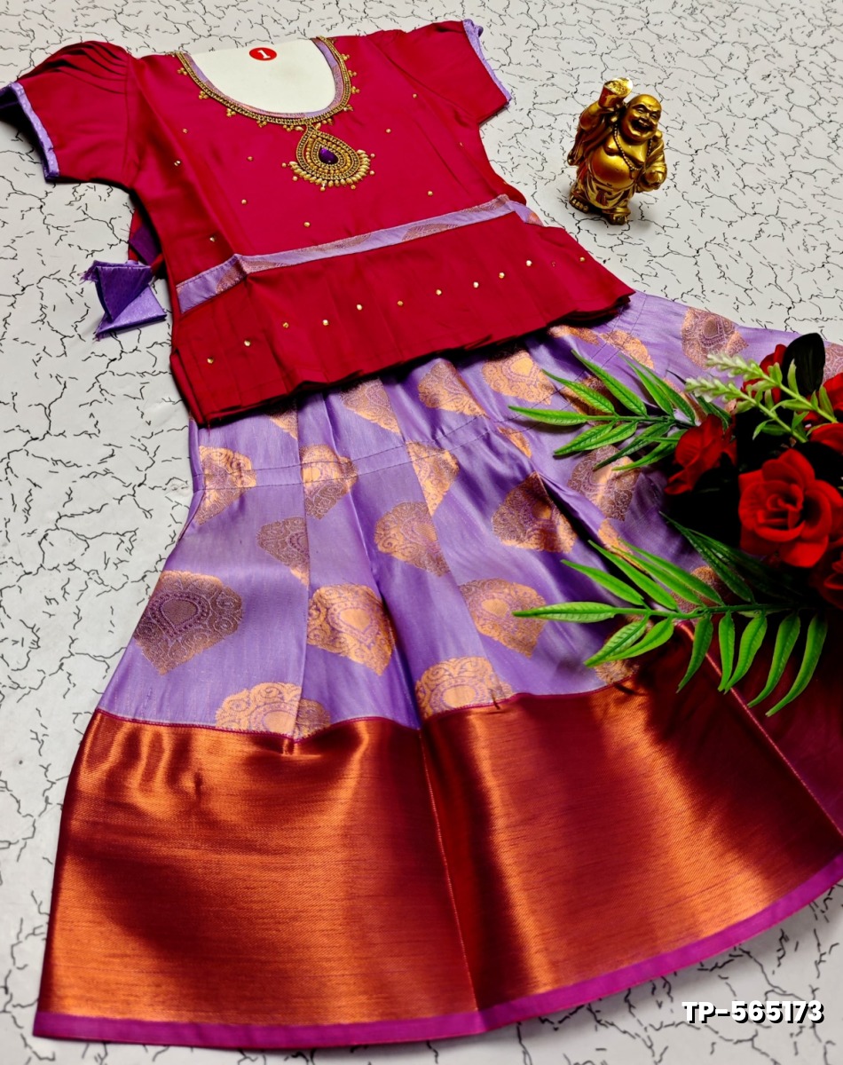 FESTIVAL AND FUNCTION WEAR TRADITIONAL KIDS PATTU PAVADAI STONE WORK DESIGN  - RUBY COLOUR