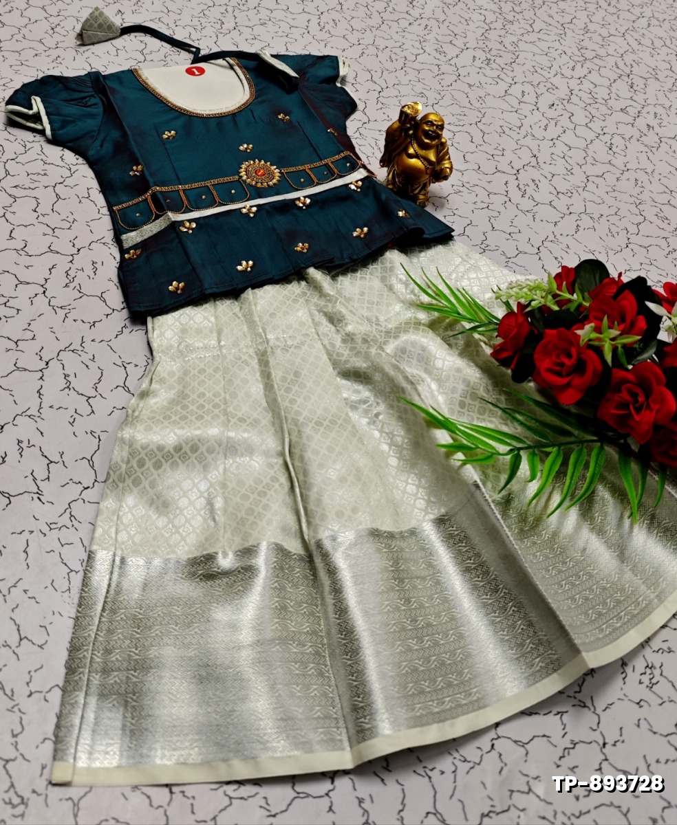 FESTIVAL AND FUNCTION WEAR TRADITIONAL KIDS PATTU PAVADAI STONE WORK DESIGN  - BULE (3)