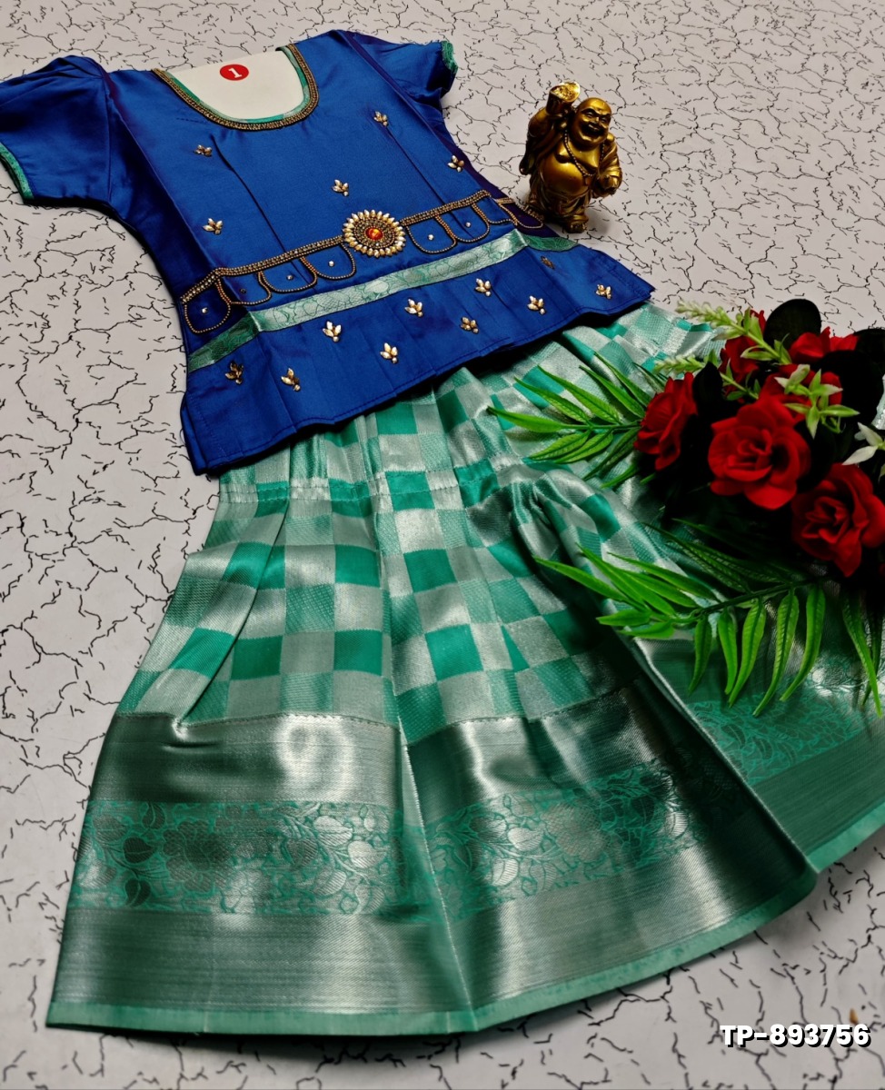 FESTIVAL AND FUNCTION WEAR TRADITIONAL KIDS PATTU PAVADAI STONE WORK DESIGN  - NORMAL  BLUE (3)