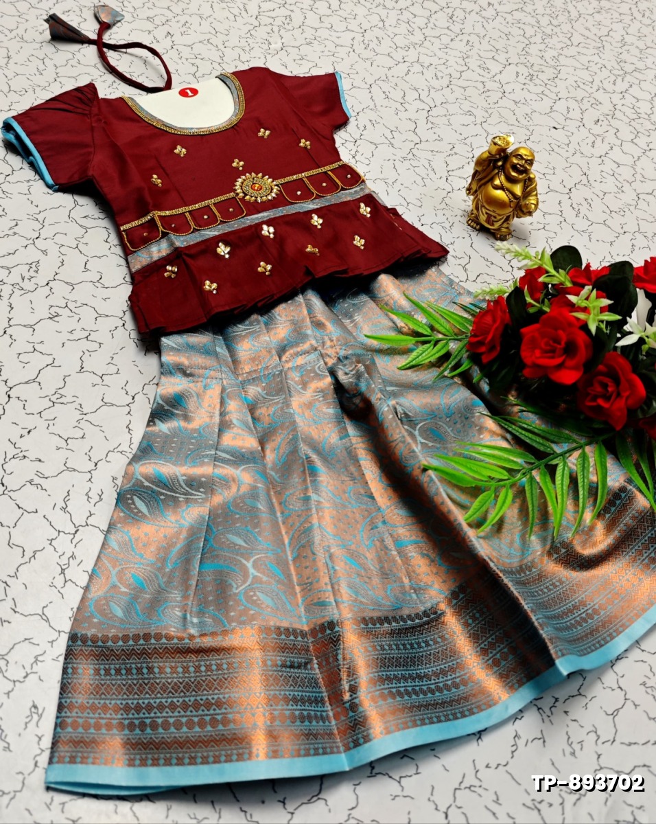 FESTIVAL AND FUNCTION WEAR TRADITIONAL KIDS PATTU PAVADAI STONE WORK DESIGN  - MERUN (1)