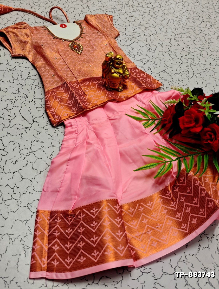 FESTIVAL AND FUNCTION WEAR TRADITIONAL KIDS PATTU PAVADAI STONE WORK DESIGN  - LIGHT PINK