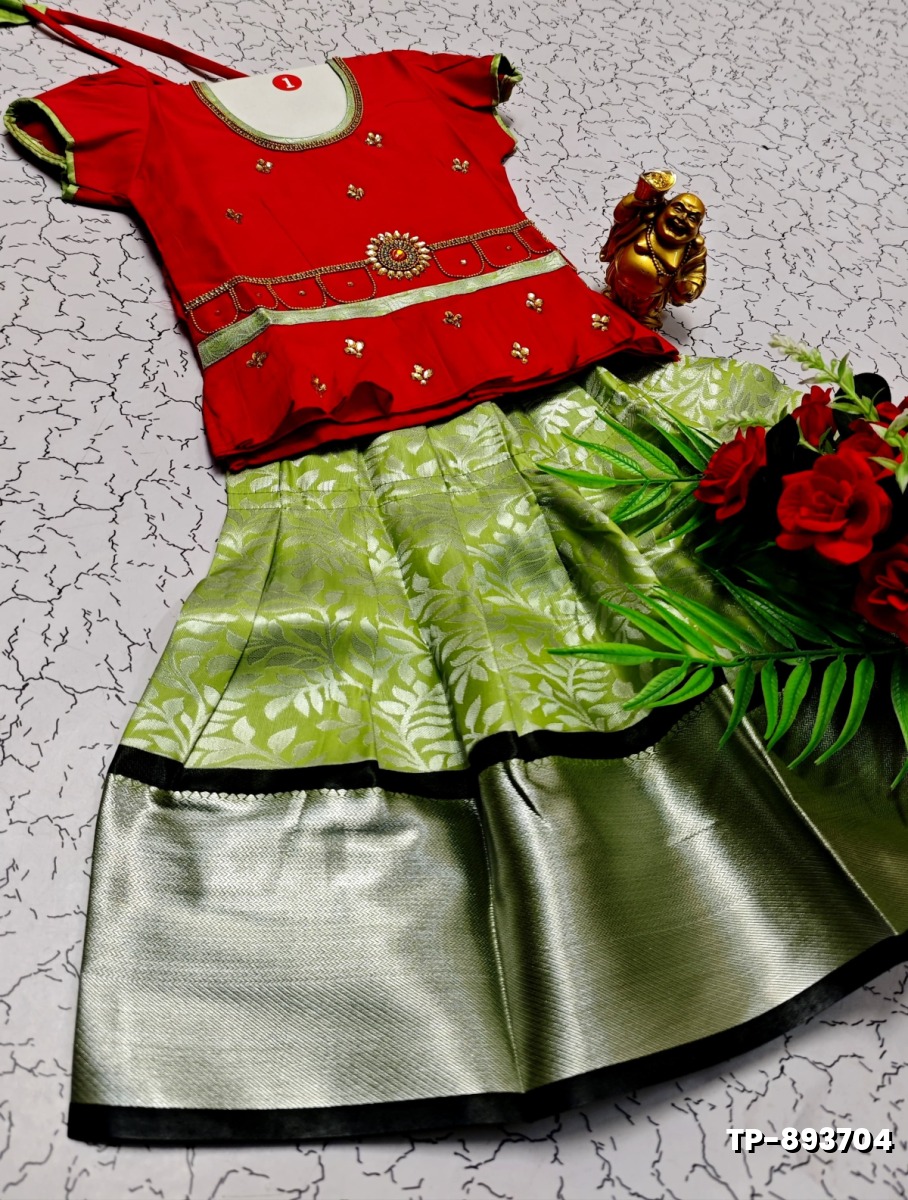 FESTIVAL AND FUNCTION WEAR TRADITIONAL KIDS PATTU PAVADAI STONE WORK DESIGN  - RED (1)