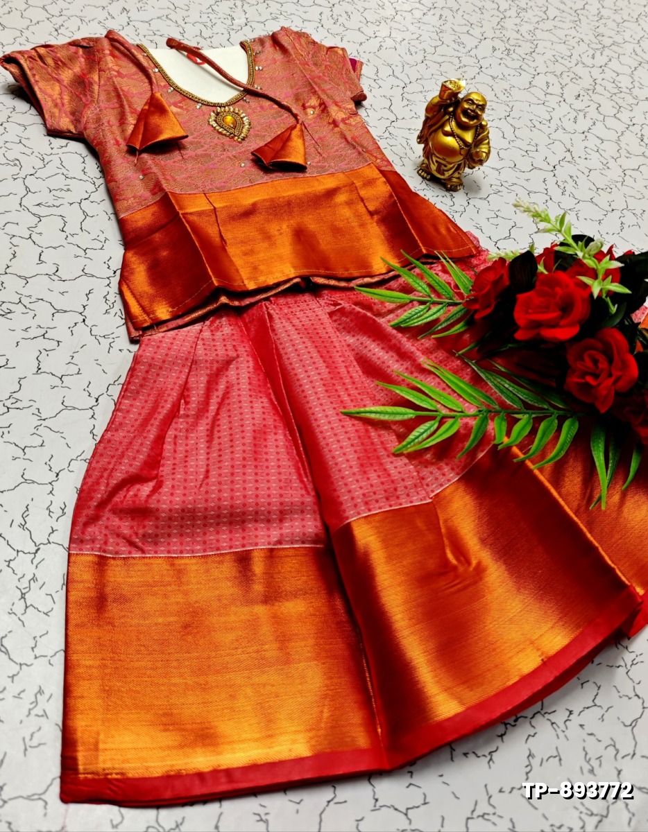 FESTIVAL AND FUNCTION WEAR TRADITIONAL KIDS PATTU PAVADAI STONE WORK DESIGN  - CORAL COLOUR (2)