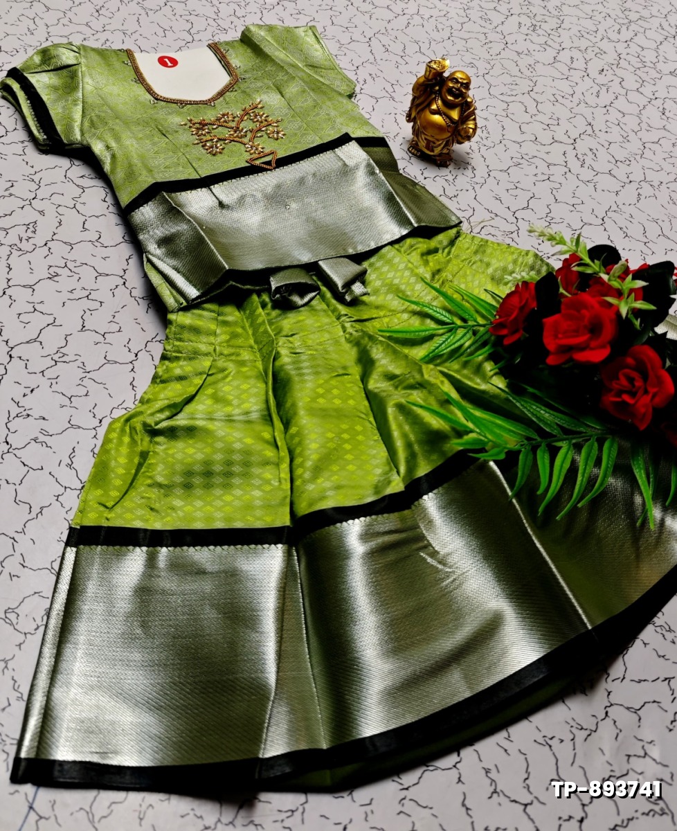 FESTIVAL AND FUNCTION WEAR TRADITIONAL KIDS PATTU PAVADAI STONE WORK DESIGN  - LIGHT GREEN