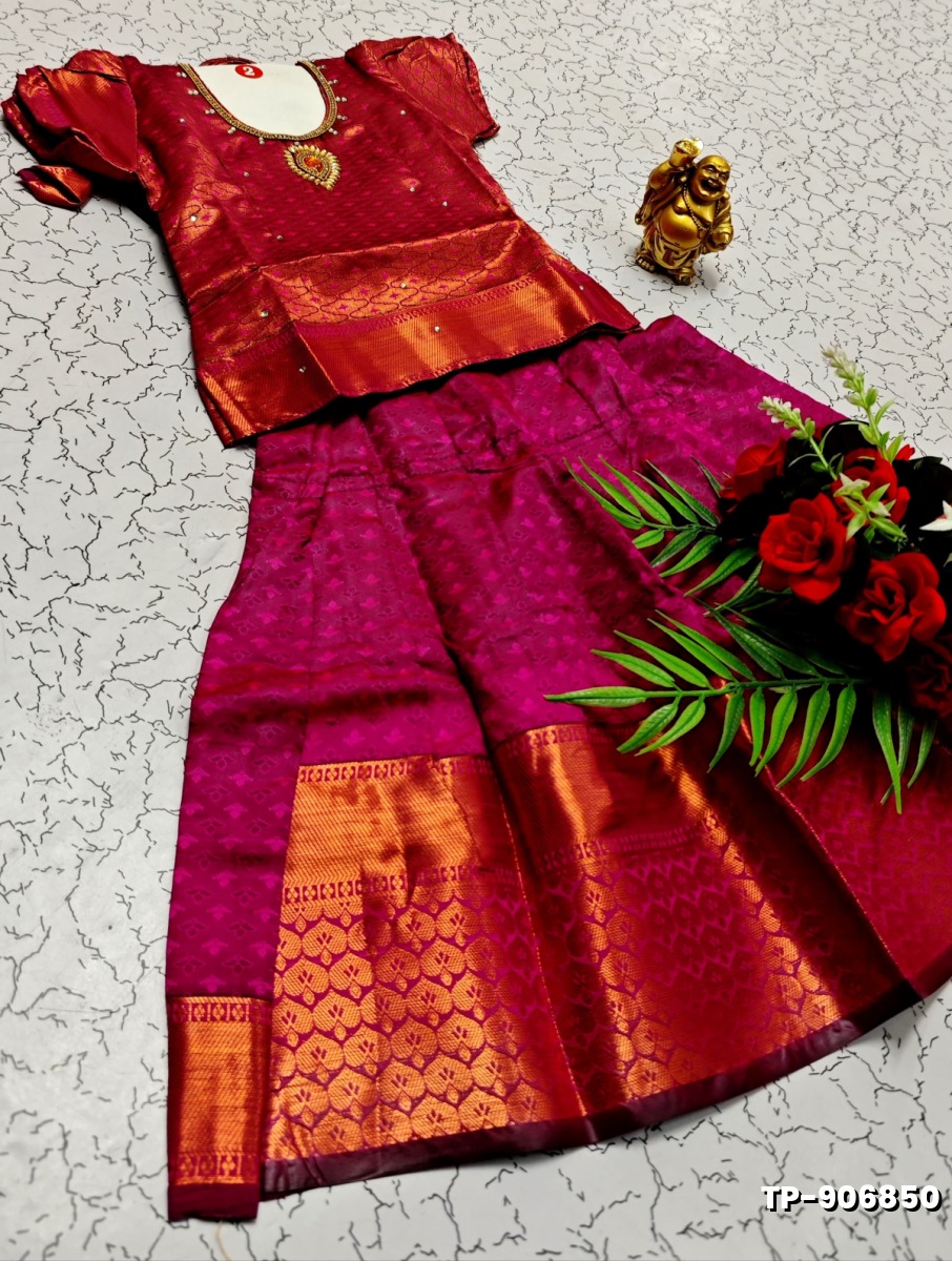 FESTIVAL AND FUNCTION WEAR TRADITIONAL KIDS PATTU PAVADAI STONE WORK DESIGN  - MEJANTA (1)