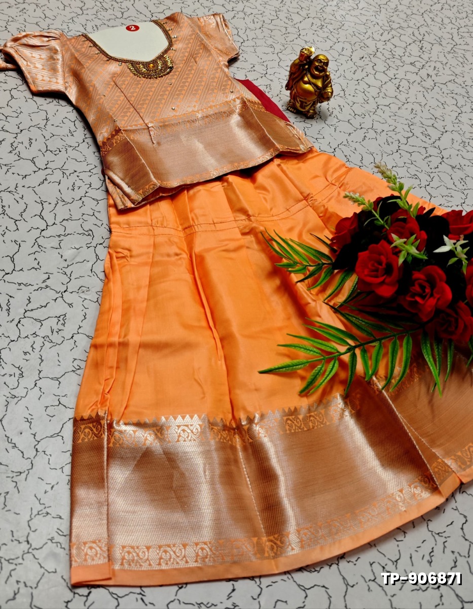 FESTIVAL AND FUNCTION WEAR TRADITIONAL KIDS PATTU PAVADAI STONE WORK DESIGN  - PEACH COLOUR