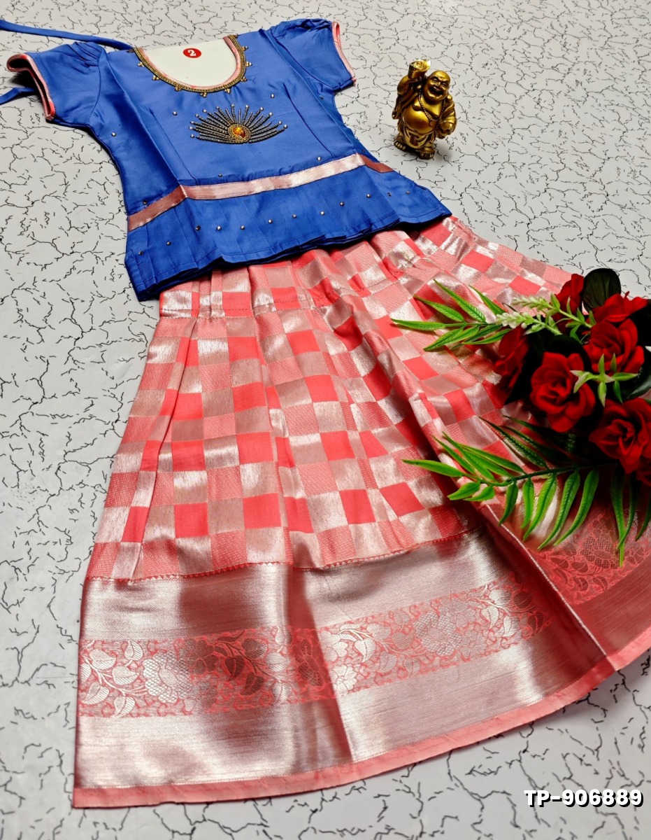 FESTIVAL AND FUNCTION WEAR TRADITIONAL KIDS PATTU PAVADAI STONE WORK DESIGN  - BLUE COLOUR (2)