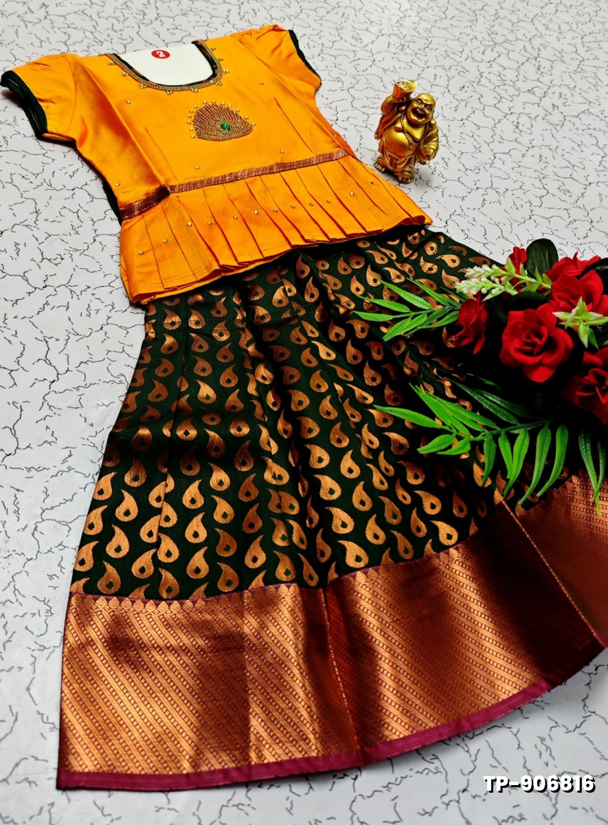 FESTIVAL AND FUNCTION WEAR TRADITIONAL KIDS PATTU PAVADAI STONE WORK DESIGN  - ORANGE (3)