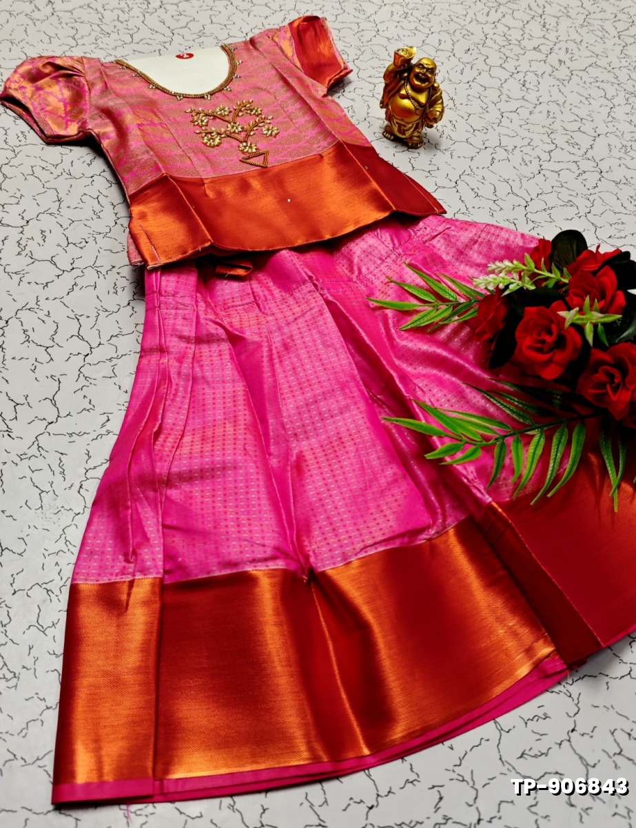 FESTIVAL AND FUNCTION WEAR TRADITIONAL KIDS PATTU PAVADAI STONE WORK DESIGN  - LIGHT PINK (1)