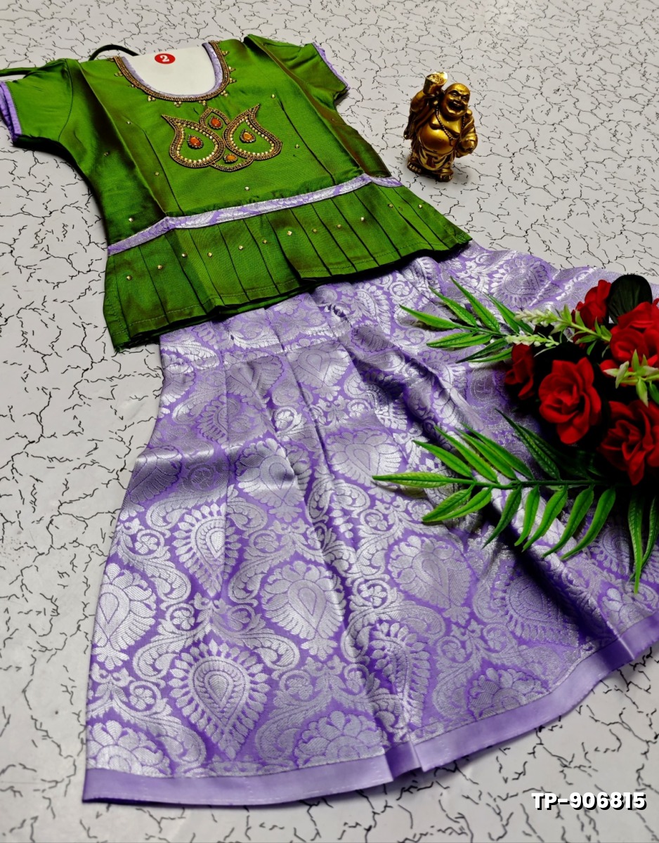 FESTIVAL AND FUNCTION WEAR TRADITIONAL KIDS PATTU PAVADAI STONE WORK DESIGN  - GREEN (4)