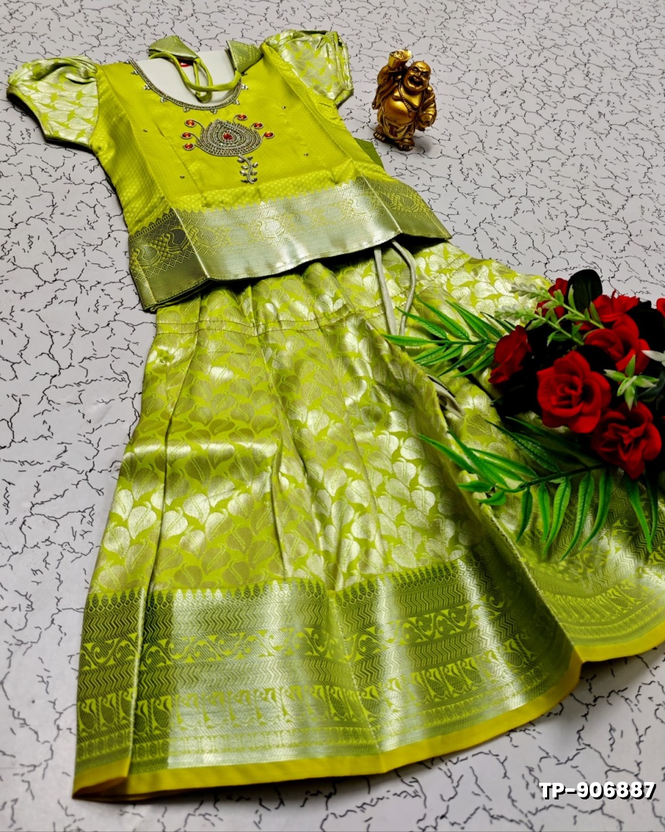 FESTIVAL AND FUNCTION WEAR TRADITIONAL KIDS PATTU PAVADAI STONE WORK DESIGN  - FLORAISON GREEN