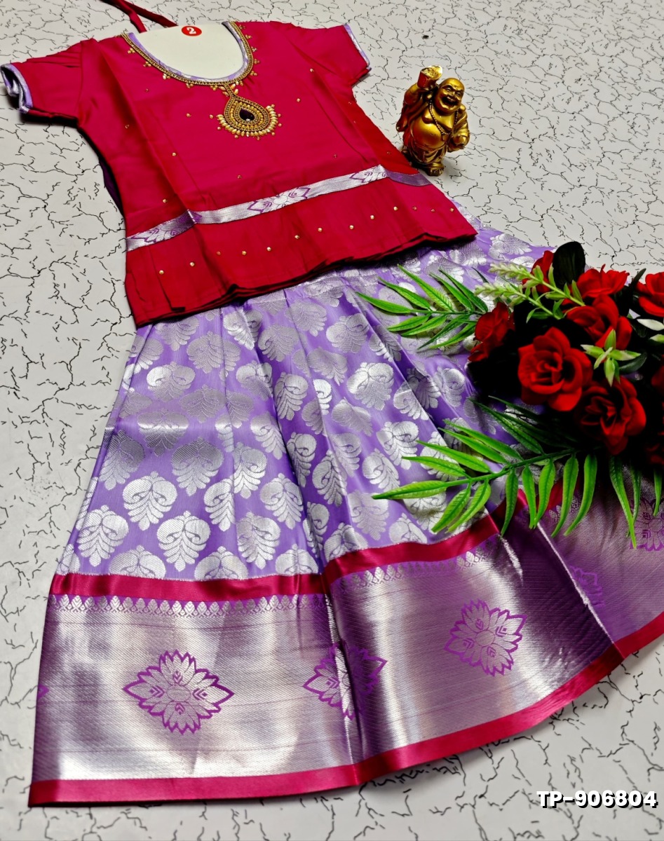 FESTIVAL AND FUNCTION WEAR TRADITIONAL KIDS PATTU PAVADAI STONE WORK DESIGN  - RED (2)
