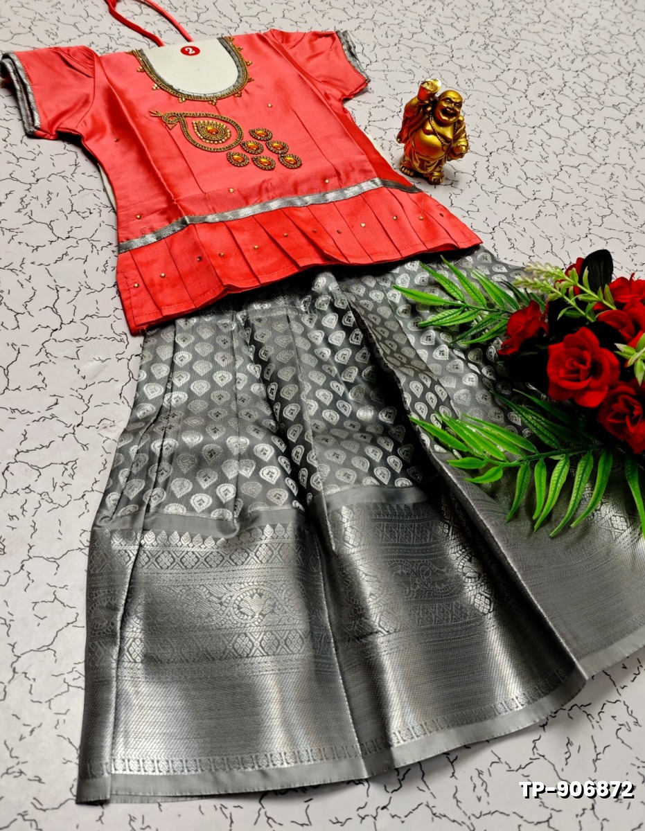 FESTIVAL AND FUNCTION WEAR TRADITIONAL KIDS PATTU PAVADAI STONE WORK DESIGN - CORAL COLOUR (3)