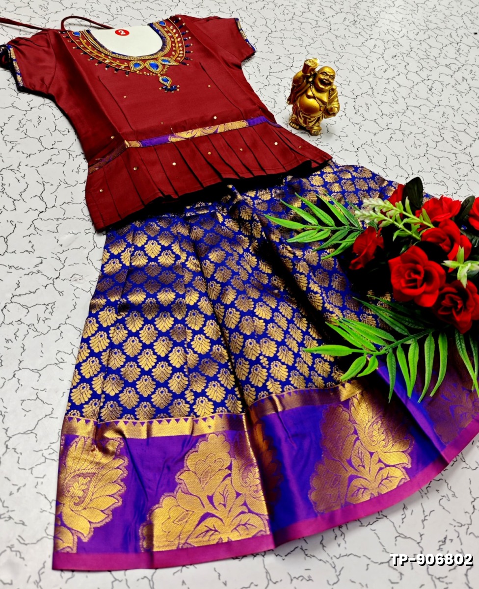 FESTIVAL AND FUNCTION WEAR TRADITIONAL KIDS PATTU PAVADAI STONE WORK DESIGN  - MERUN (2)
