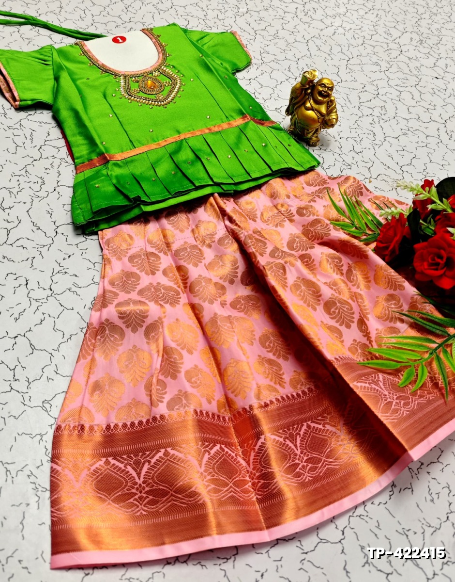 FESTIVAL AND FUNCTION WEAR TRADITIONAL KIDS PATTU PAVADAI STONE WORK DESIGN - GREEN (5)