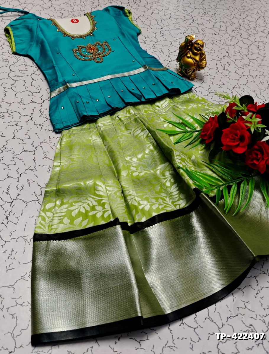 FESTIVAL AND FUNCTION WEAR TRADITIONAL KIDS PATTU PAVADAI STONE WORK DESIGN  - TEAL COLOUR (2)