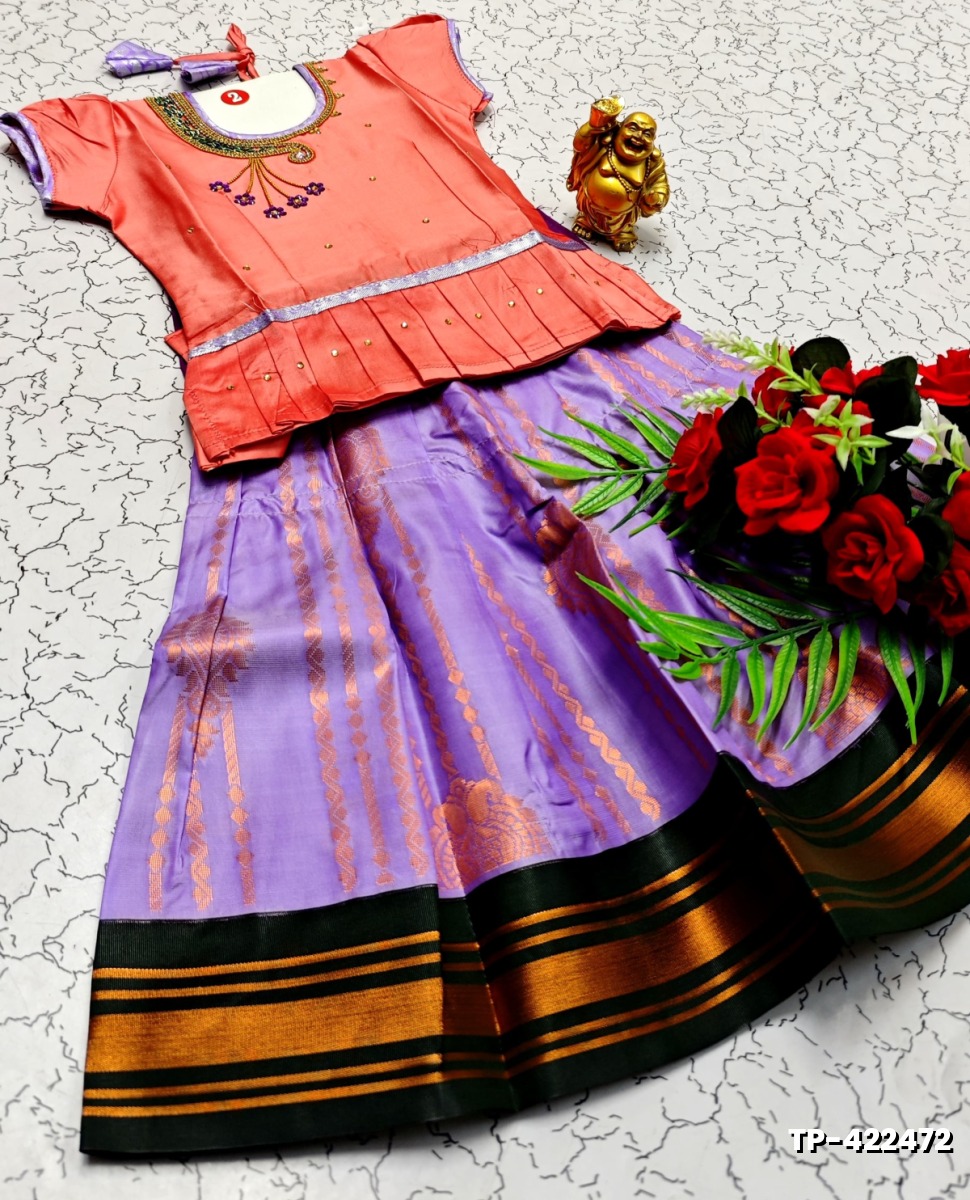 FESTIVAL AND FUNCTION WEAR TRADITIONAL KIDS PATTU PAVADAI STONE WORK DESIGN - CORAL COLOUR (4)
