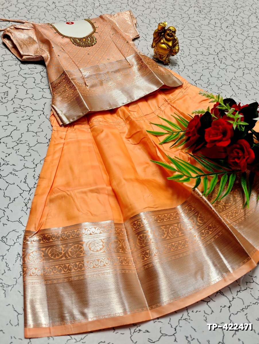 FESTIVAL AND FUNCTION WEAR TRADITIONAL KIDS PATTU PAVADAI STONE WORK DESIGN  - PEACH COLOUR (1)