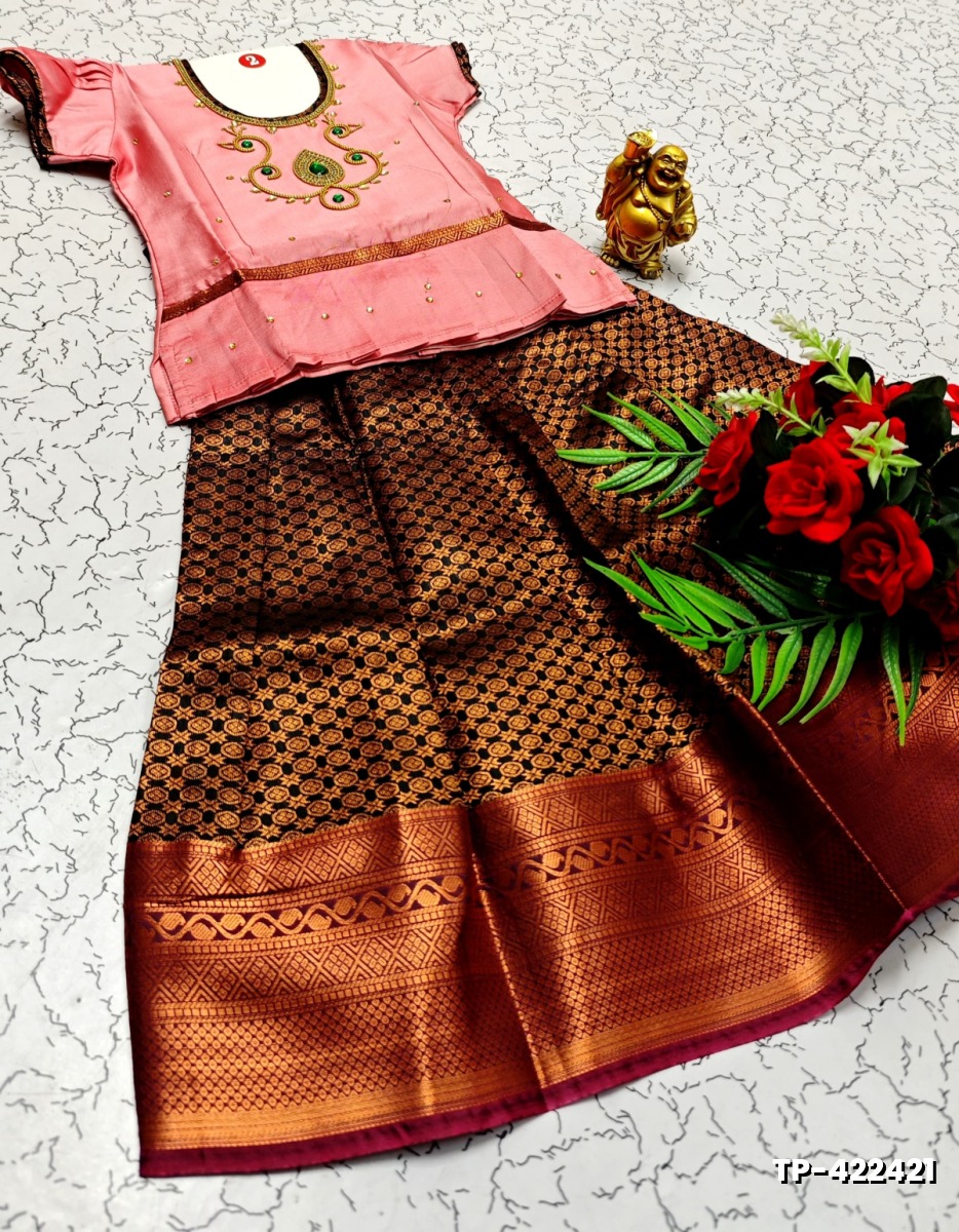 FESTIVAL AND FUNCTION WEAR TRADITIONAL KIDS PATTU PAVADAI STONE WORK DESIGN  - BABY PINK (1)