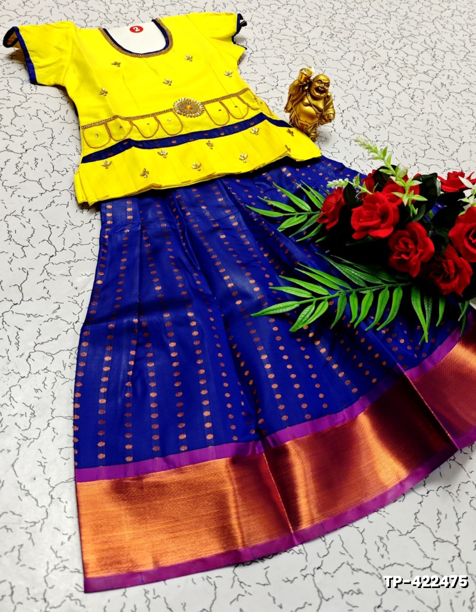 FESTIVAL AND FUNCTION WEAR TRADITIONAL KIDS PATTU PAVADAI STONE WORK DESIGN  - LEMON COLOUR (2)