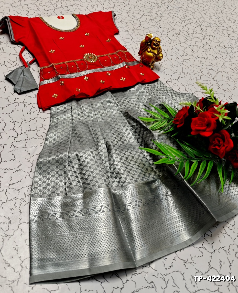 FESTIVAL AND FUNCTION WEAR TRADITIONAL KIDS PATTU PAVADAI STONE WORK DESIGN  - RED (3)